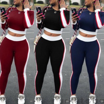 Casual Women Sports Set Long Sleeve Crop Top Pants Outfit Workout Gym Fitness Athletic Workout Clothes Tracksuit
